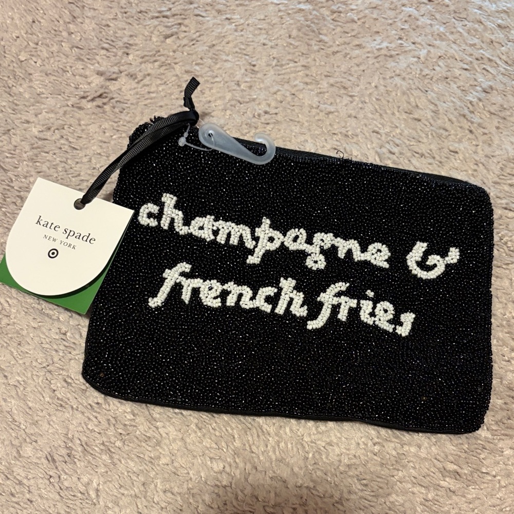 Kate Spade Black Beaded Clutch with White Text